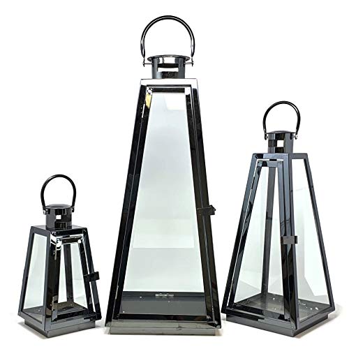 Image of Allgala 3-PC Lantern Set 24 Inch Jumbo Deluxe Modern Indoor /Outdoor Candle Lantern Set Black Stainless Steel Tapered Trapezoid Frame with Tempered Glass for Garden Patio Fireplace Wedding