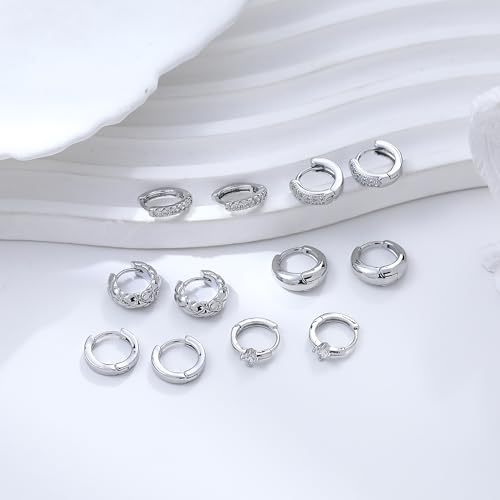 Wgoud Small Gold Hoop Earrings Set for Women, 6 Pairs 14K Gold Plated Hypoallergenic Lightweight Huggie Hoops Earrings, Trendy Cartilage Cubic Zirconia Earrings for Women Gifts. (E-Silver hoops) — view 5