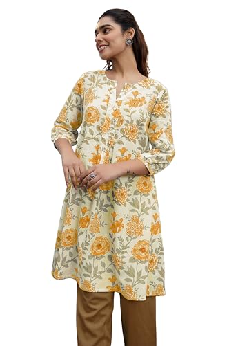 Image of Janasya Women's Pure Cotton Floral Printed A-Line Tunic