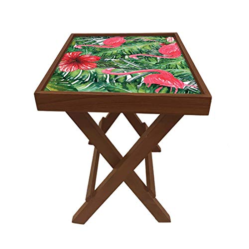Image of Nutcase Designer Teak Wood Side Table Folding Wooden Bedside Coffee Outdoor Picnic Table - Tropical Flamingoes