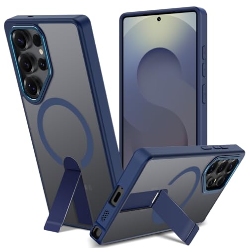 Cover Magnetica per Samsung Galaxy S25 Ultra con Cavalletto Compatibile con MagSafe Custodia con Supporto, Protezione Antiurto di Livello Militare Cellulare Case Traslucido Opaco Retro, Blu