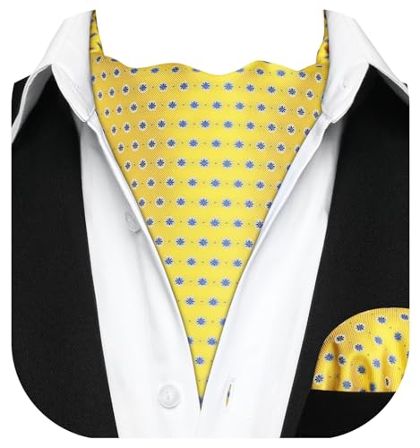 HISDERN Ascot Ties for Men - Yellow Cravat, Pocket Square Set, Polka Dot Cravat, Mens Ascot Scarf, Handkerchief, Wedding