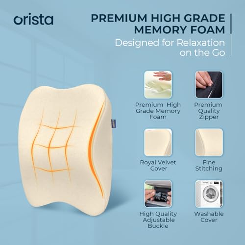 Image of Orista Premium Car Neck Rest Pillow | 2 Years Warranty | Memory Foam Neck Pillow for Car, Headrest Cushion for Neck & Cervical Support - Relieves Neck Pain & Fatigue | Beige Velvet