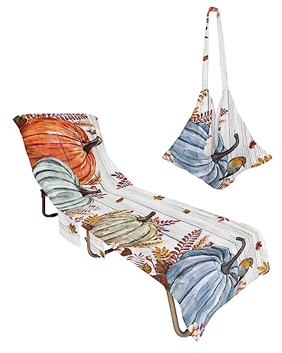 Wooden Pumpkins Beach Chair Towel Covers for Chaise Lounge With Side Pocket, Soft Plush Pool Towels Cover for Patio Sunbathing Outdoor 29''x85'' Autumn Eucalyptus Maple Leaves Wood Grain