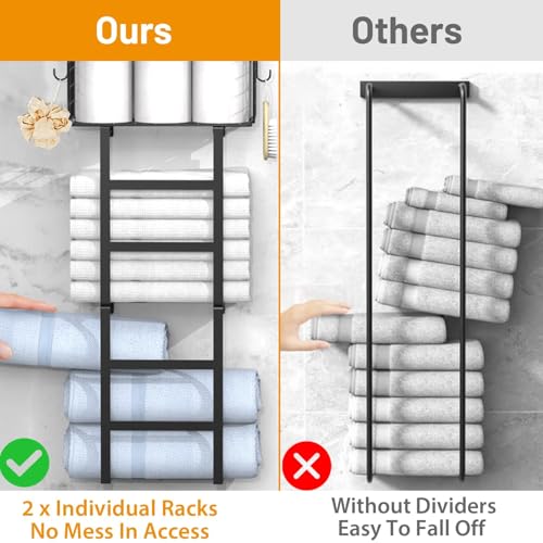 Towel Racks for Bathroom Black, 34IN Rolled Towel Holder, Towel Rack Wall Mounted with 2 Pack Shelf and a Wire Basket, Bathroom Towel Storage and Organizer, Sturdy Metal & Wood by LIDTOP - Used condition - Image 5