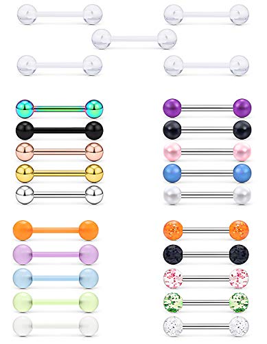 Prjndjw 5/8in(16mm) L, 14G, 5&6mm Ball, 25PCS Screw Straight Barbell. Tongue Venom Tongue Bars Nipple Bars Surgical Steel Flexible Bioflex Piercing Jewelry