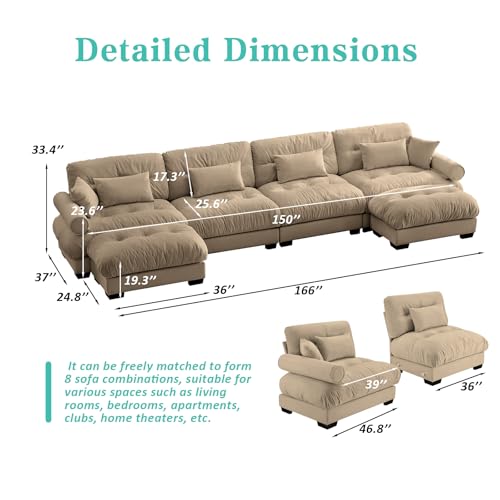 Image of SoarFlash 166 inch Sectional Sofa Couch, U Shaped Modern Modular Sofa with Solid Wood Legs, Couches Sofas for Living Room Apartment, Comfortable Couches, Brown