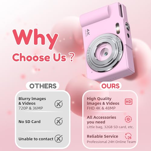 Image of Digital Camera, FHD 4K Digital Point and Shoot Camera with 16X Zoom Anti Shake, 48MP Compact Small Camera with 32GB Card for Boys Girls Kids Rose Pink