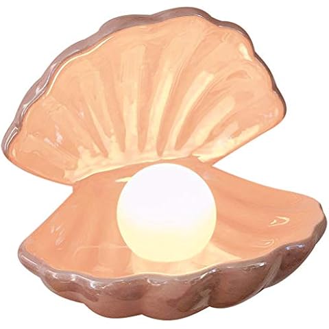 IMIKEYA Shell Pearl Light LED Ceramics Desktop Lamp Portable Pearl in Shell Nightlight for Bedroom Home Decor, Pink Cover