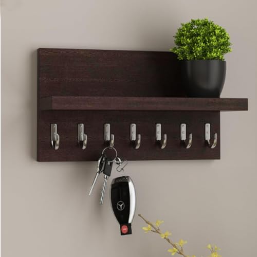 Image of Solid Sheesham Wood Key Stand for Wall | Wooden Key Holder for Home | Key Hanger | Home Decorative Keychain Holder with 7 Hooks (Walnut Finish)