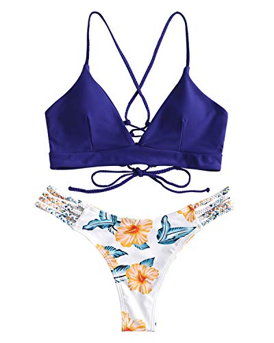 ZAFUL Women Lace up Braided Strap Bikini Set Padded V Neck High Leg Two Piece Swimsuit (Blue, M)