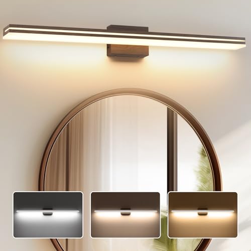 Image of SineRise LED Modern Bathroom Vanity Light Fixtures (48-Inch, 3000K /4000K /6000K, Dimmable), Brown Wood Painted Modern Acrylic Bathroom Wall Lighting Fixtures Over Mirror
