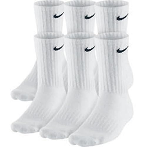 NIKE Dri-Fit Classic Cushioned Crew Socks 6 PAIR White with Black Swoosh Logo) LARGE 8-12