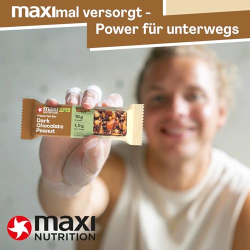 MaxiNutrition Dark Chocolate Peanut Nussriegel vegan 12x46g – Protein Riegel aus ganzen Nüssen mit 22% Protein, plant based, ohne Zuckerzusatz, ohne künstliche Aromen