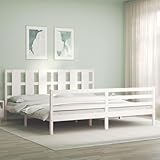 Gecheer Massivholzbett mit Kopfteil Weiß, Massivholz-Bettgestell Bett...