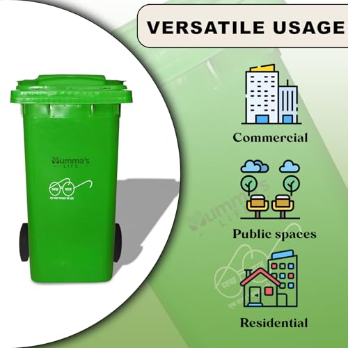 Image of Mumma's LIFE Plastic Manual-Lift 120 Ltr Wheel Garbage Dustbin with Lid & Wheels (Green)