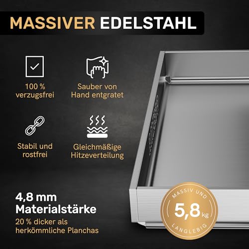 AMZBBQ® Premium Plancha Set - 40 x 30 cm - ca. 5 mm massiver Edelstahl - 20% stärker als herkömmliche Planchas - Grillplatte für Gas & Kohlegrill - Grillzubehör Geschenk für Männer inkl. Grillspachtel