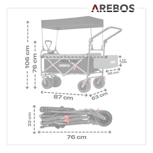 Arebos Wózek plażowy | składany wózek | transportowy składany z dachem | luksusowy wózek ręczny | składany | wózek na narzędzia | czarny