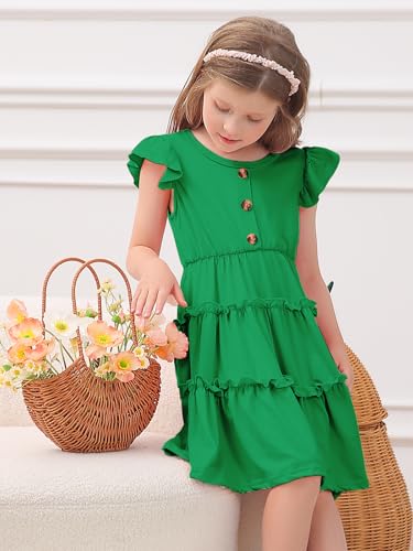 Girls Dress Button Ruffle Sleeve A-Line Round Neck Casual Solid Midi Dresses 4-8 Years3
