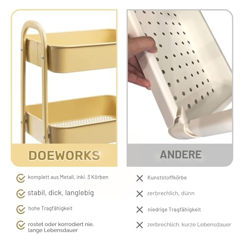 DOEWORKS Servierwagen mit Rollen Rollwagen Metall 3 Etagen Küchenwagen Bastelwagen Rollwagen Küche Aufbewahrungswagen für Wohnzimmer Schlafzimmer Badezimmer Büro, Khaki Gelb