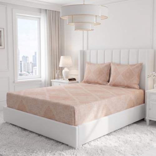 Image of Monte Carlo Eminence Double Bedsheet with 2 Pillow Covers | 144 TC Cotton Bedsheet for Double Bed | Soft & Breathable All Season Bedding Set | Beige Geometric Design | Bedsheet 87 x 100 Inches