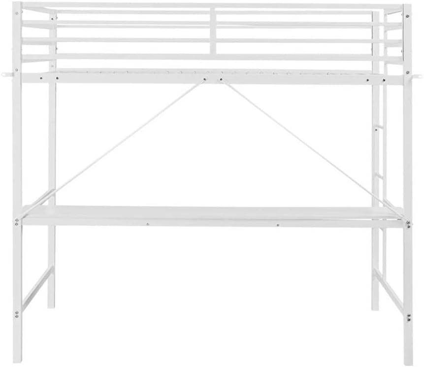 Pemberly Row Twin Metal Loft Bed Frame with Desk, White Powder-Coated Finish, Built-in Wooden Desktop, Safety Rails, Ladder, Space-Saving Design, Durable Steel Construction, Kids or Teens Bedroom