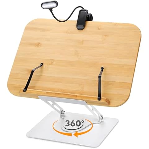 Book Stand for Reading Large Book Holder with 360° Rotating Base, 15.4"x11" Cookbook Stand Desktop Holder with Book Light, Foldable Desktop Stand for Textbook, Recipe, Laptop, Sheet Music Cover