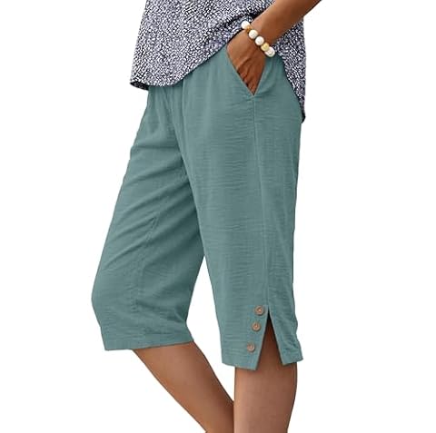 IWOLLENCE Spodenki do kolan damskie z kieszeniami Culottes Letnie spodnie Capri dla Wielkiej Brytanii Split Hem Dekoracyjne drewniane guziki Lekki i oddychający elastyczny pas, Aqua Sea Green, XXL