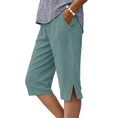 IWOLLENCE Spodenki do kolan damskie z kieszeniami Culottes Letnie spodnie Capri dla Wielkiej Brytanii Split Hem Dekoracyjne drewniane guziki Lekki i oddychający elastyczny pas, Aqua Sea Green, XXL