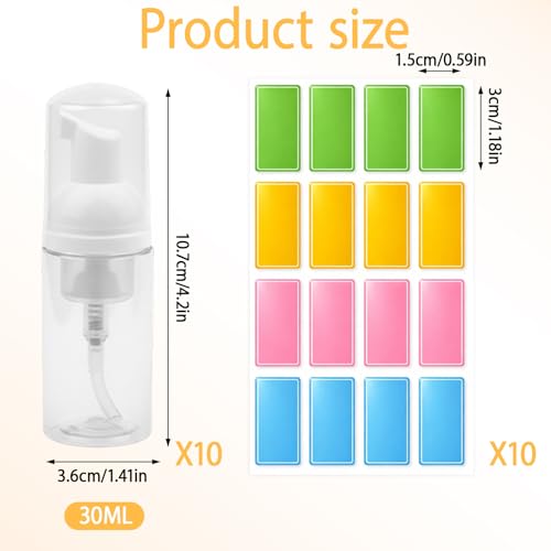 Airless Lot de 10 distributeurs à pompe à mousse de 30 ml, rechargeables, en plastique, avec 10 notes adhésives pour lotions, shampoings, cosmétiques – vue 2
