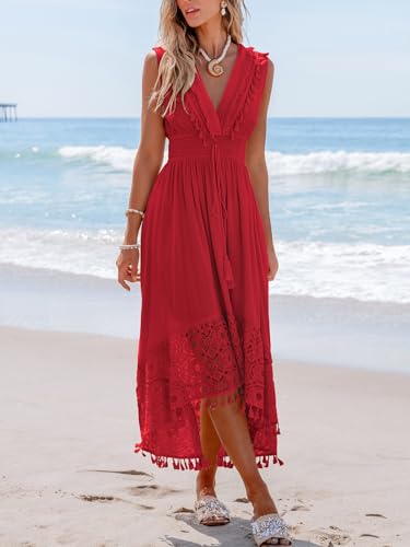 Image of CUPSHE Women's Maxi Dress V Neck Sleeveless Lace Tassel Smocked Waist Cover Up Beach Formal Long Dress