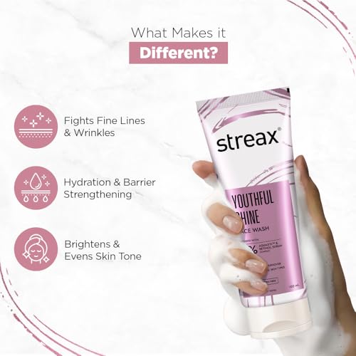 Image of Streax Youthful Shine Anti Ageing Face Wash Cleanser, 100 ml | 4% Aquaxyl & Retinol Serum Complex | Gentle Cleanser For Fine Lines & Wrinkles | Anti-Ageing | For Man & Woman | Daily Use Face Wash | Sulphate & Paraben Free | Dry, Normal & Sensitive Skin