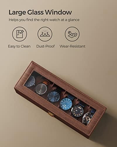 SONGMICS Watch Box with 6 Slots, Watch Case with Glass Lid, Velvet Watch Pillows, Watch Holder with Clasp, 11.2 x 30 x 8 cm, Gift Idea, Brown Synthetic Leather, Brown Lining JWB006K01