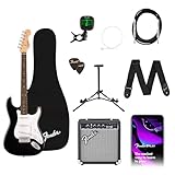 Squier by Fender Debut Collection Stratocaster E-Gitarre mit Frontman 10G Amp, gepolstertem Gigbag, Gurt, Kabel, Plektren, Gitarrenständer, Clip-on Stimmgerät und einem Satz Reservesaiten.