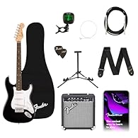 One Squier Debut Series Stratocaster electric guitar, Frontman 10G amp, a padded gig bag, a strap, a cable, picks, a guitar stand, clip-on tuner and an extra set of strings. Designed by the most trusted name in guitar and backed by a 75-year legacy o...