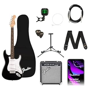 One Squier Debut Series Stratocaster electric guitar, Frontman 10G amp, a padded gig bag, a strap, a cable, picks, a guitar stand, clip-on tuner and an extra set of strings. Designed by the most trusted name in guitar and backed by a 75-year legacy o...