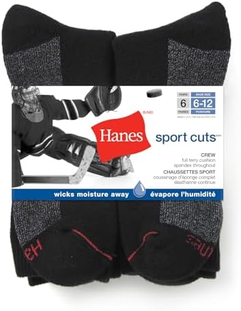 Hanes Mens 6pk Sport Cuts Crew Sock, Black, 6-12 US - 1