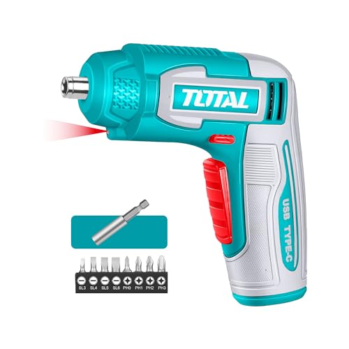 TOTAL 4V Cordless Screwdriver - Compact 1/4" Hex Electric Driver with USB-C Charging, 240RPM, 4N.m Torque & 10-Piece Bit Set - TSDLI0458