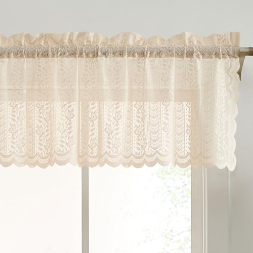 Sophia Taupe Lace Valance Curtains, Sheer Topper for Kitchen, 54x18 inch