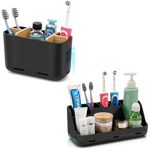 Bundle-2 Items: Black Bathroom Organizer Countertop and Toothbrush Holder Cover