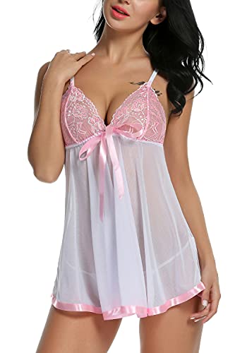 Avidlove Women Bridal Lingerie White Lace Babydoll Splicing Chemise V neck Sleepwear White L