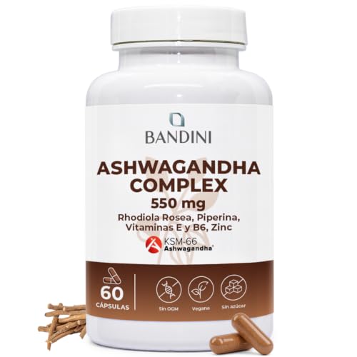 Bandini® Ashwagandha KSM-66® - Rhodiola Rosea, Ginseng Indio, Zinc, Vit E y B6 – Withania Somnifera en Dosis Alta con 5% de Whitanólidos – Ashwagandha Complex 60 Cápsulas – Suplemento Natural y Vegano