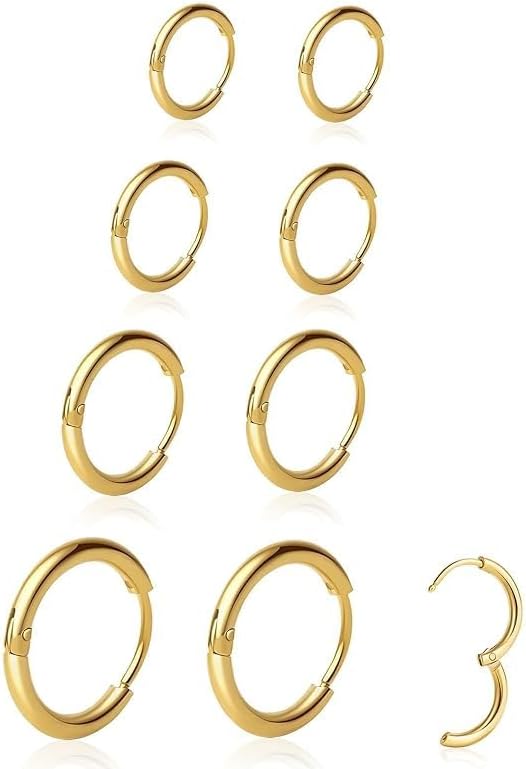 4Pairs Small Hoop Earrings for Women, Dainty 14K Gold Plated Huggie Hoop Earrings Hypoallergenic Lightweight Cartilage Earrings Set for Multiple Piercings for Sensitive Ears (6mm 8mm 10mm 12mm)