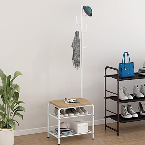 Linzinar Coat Rack Shoe Bench 3 In 1 Design Hall Tree Storage Bench Industrial Style Coat Tree For Bedroom Living Room Entryway, White #TOP3