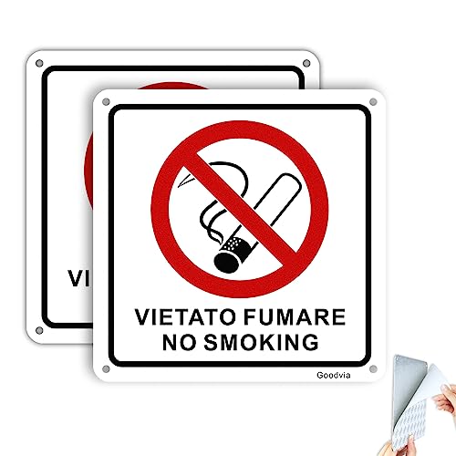 Goodvia Cartello Vietato Fumare Alluminio Autoadesivo con 4 fori 15x15cm 2pz per Installato su, A parete, Finestra, Porta, Recinzione