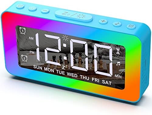 Umedo Alarm Clock for Kids, Digital Alarm Clock with 8 Mode RGB Night Light, Mirror Clock with Dual Alarm, Weekday/Weekend, USB Port, White Noise Sleep Helper, Dimmer, Volume Adjustable - Light Blue
