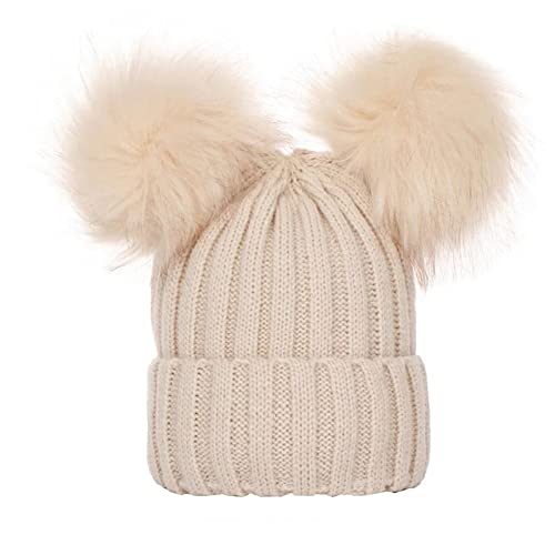Image of PythJooh Baby Winter Warm Hat Kid Cute Pom Pom Wooly Crochet Hats Beanie Hats for Baby Girl Boy Kids 0-3Years Beige