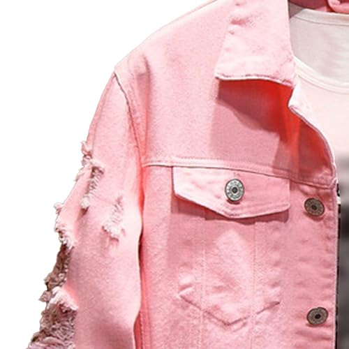 Men's Distressed Ripped Denim Jacket Long Sleeve Button Down Trucker Jacket Casual Holes Washed Jean Coat3