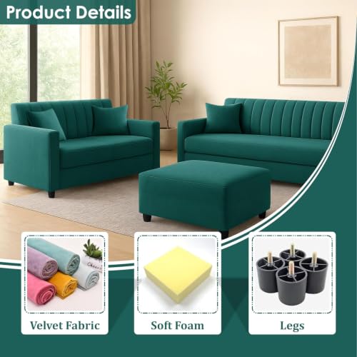 Image of 3+2 Fabric Wooden Sofa Set with Ottoman for Living Room | Modern Upholstered 5-Seater Couch | Soft Cushion, Premium Velvet Fabric-Green