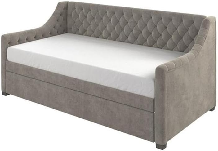 Pemberly Row Modern Wood Twin Daybed with Trundle, Gray Finish, Upholstered Diamond Tufted Design, Space-Saving Multifunctional Bed, Fits Two Twin Mattresses, Ideal for Bedrooms or Guest Rooms